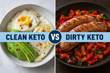 clean keto (avocado & fried eggs) vs dirty keto (grilled processed sausage) example meals for ketogenic diet`