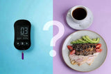 Split-screen:  ketone monitor showing 0.3mmol/L ketone reading on blue, keto diet meal on purple, for ketosis tracking on ketogenic diet.