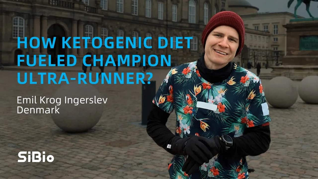A person in a floral shirt stands outdoors with text about ketogenic diet fueling a champion ultra-runner. Brand: SiBio.