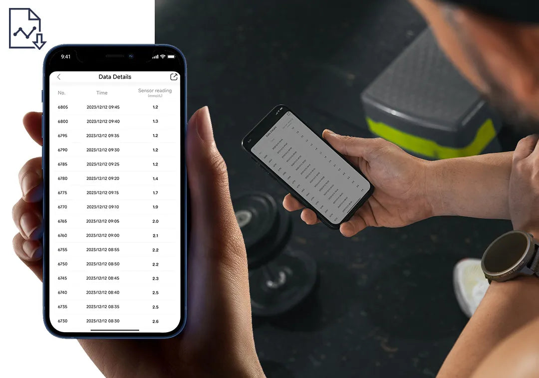 A person holds a smartphone displaying ketone monitoring data from SiBio's ketone meter app. Includes time, sensor readings. Keywords: ketone monitor, SiBio, data details.