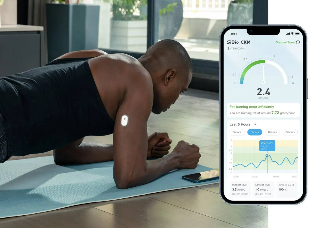 A person doing a plank with a SiBio ketone monitor on their arm. The smartphone shows ketone levels (2.4 mmol/L) and fat-burning efficiency. Keywords: SiBio, ketone monitor, fitness, health.