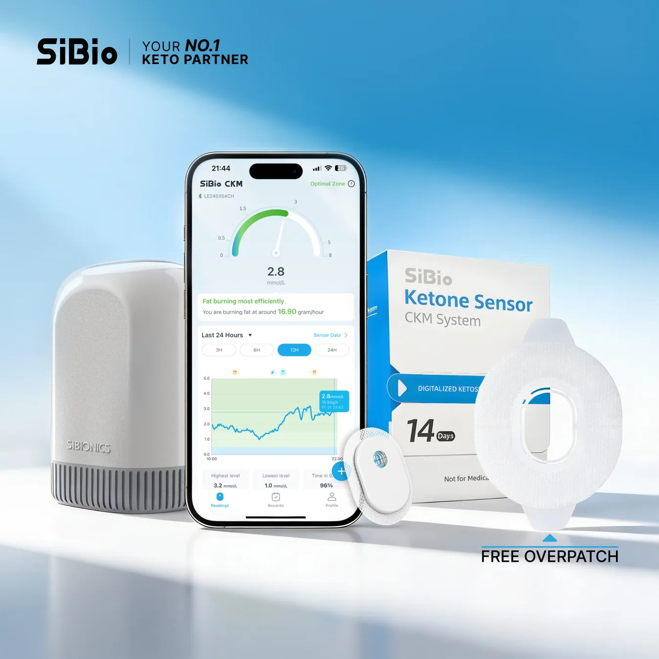 SiBio KS3 Continuous Ketone Monitor - 14 Days Real-Time Tracking