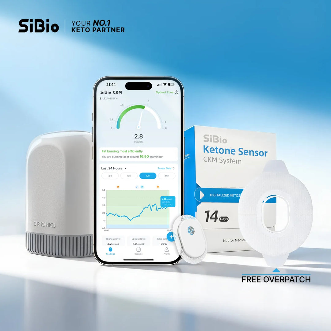 SiBio Ketone Sensor CKM System with smartphone app showing ketone level 2.8 mmol/L. Includes device, box (14 days), and free overpatch. 