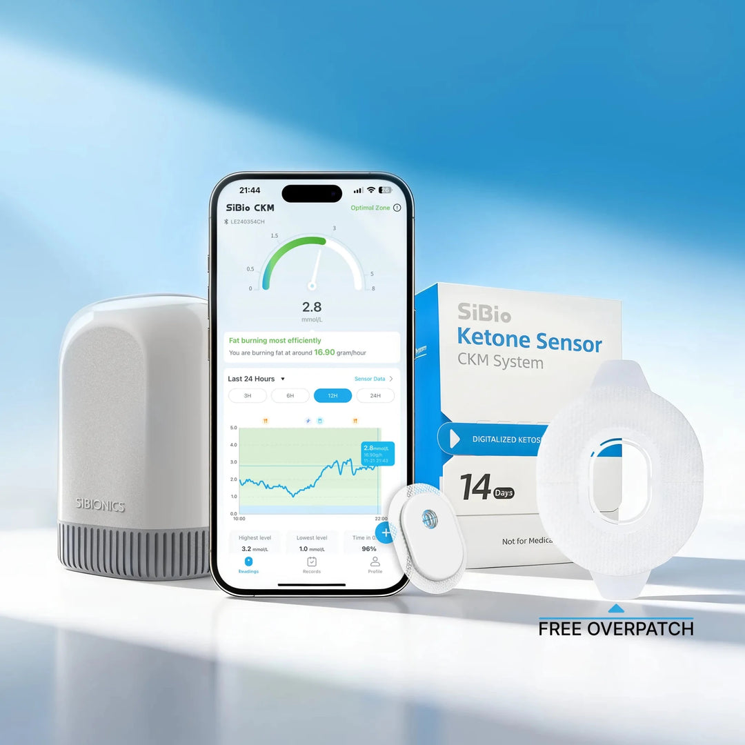 SiBio Ketone Sensor CKM System with smartphone app showing ketone level 2.8 mmol/L. Includes device, box (14 days), and free overpatch. 