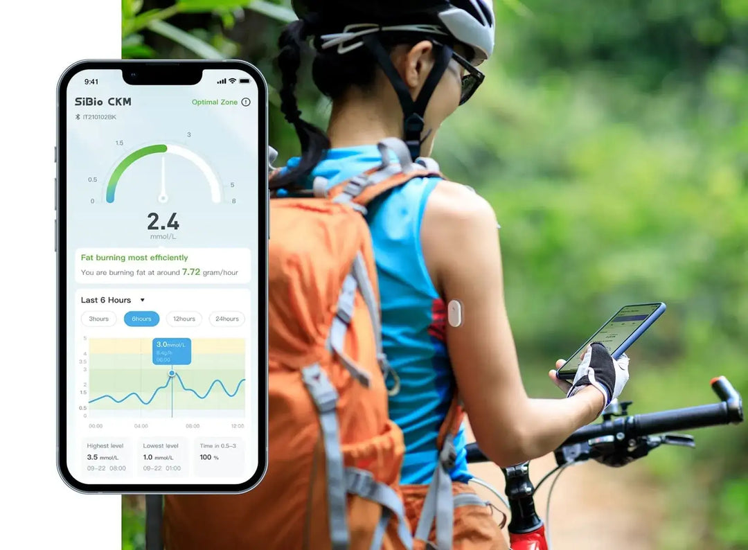 A person with a SiBio CKM ketone monitor app on their phone, showing 2.4 mmol/L. They're outdoors, biking, with a backpack. App displays fat burning efficiency and ketone levels.