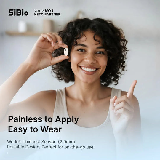 A person holds a SiBio keto sensor, highlighting "Painless to Apply, Easy to Wear." Thinnest (2.9mm), portable for on - the - go use.
