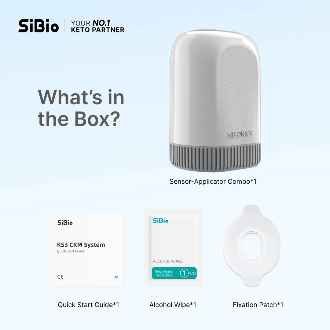 SiBio KS3 ketone monitoring kit: what's in the box, includes sensor applicator, user guide, alcohol wipe and overpatch for keto tracking.